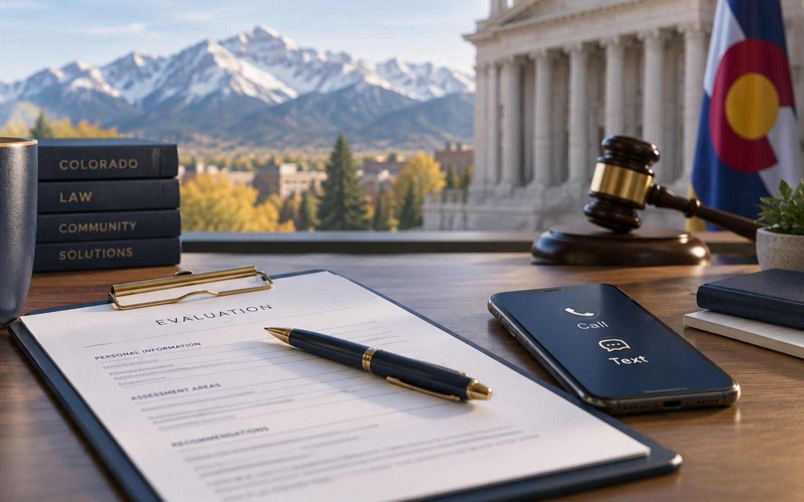 Court ordered drug and alcohol evaluation checklist with Colorado courthouse, evaluation paperwork, phone and Rocky Mountains